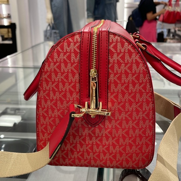 Michael Kors MK Jet Set Travel Medium Duffle Bag Satchel Bright Red MK Signature - Picture 5 of 16